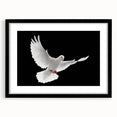 Framed wall art showcasing a stylized dove design in black and white, with a sleek black frame and mat. Ideal for modern home decor, adding elegance to any room.