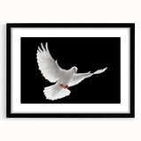 Framed wall art showcasing a stylized dove design in black and white, with a sleek black frame and mat. Ideal for modern home decor, adding elegance to any room.