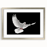 Silver-framed wall art featuring a serene dove design in a matting, perfect for adding elegance to home decor. Ideal for nature lovers and art enthusiasts.