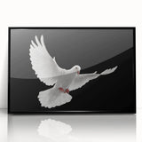 Framed wall art featuring a serene dove design against a black background, showcasing intricate details and vibrant colors, perfect for modern home decor.