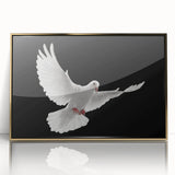 Framed wall art featuring a gold-accented dove design on a sleek acrylic surface, ideal for modern home decor, showcasing elegance and tranquility.