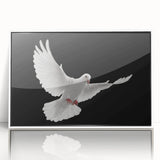 Framed wall art featuring a serene dove design on a white background, showcasing elegant acrylic framing and a modern aesthetic, perfect for home decor.