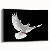 Framed canvas wall art showcasing a detailed dove design, featuring a sleek black frame and a side view perspective, perfect for modern home decor.