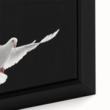 Close-up of a beautifully framed canvas wall art featuring a serene dove design, showcasing intricate details and subtle color gradients, perfect for home decor.