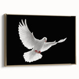 Framed wall art featuring a gold-accented dove design on a textured canvas, displayed from the side to showcase its elegant profile and premium finish. Ideal for home decor.