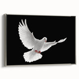 Framed canvas wall art showcasing a silver dove design, viewed from the side, ideal for modern home decor, adding elegance and tranquility to any space.