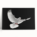 Stretched canvas wall art featuring a serene dove design in soft pastel colors, elegantly leaning against a wooden surface, ideal for modern home decor.