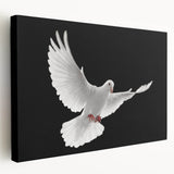 Stretched canvas wall art featuring a peaceful dove design in soft pastel colors, showcasing intricate details and a sleek side view for elegant home decor.