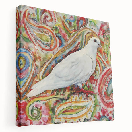 Stretched canvas wall art featuring a serene dove design in soft pastel colors, showcasing intricate details and a modern aesthetic, perfect for home decor.