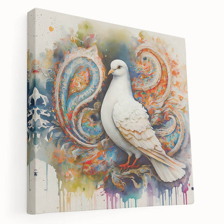 Stretched canvas artwork showcasing an elegant dove design, featuring soft pastel colors and intricate details, perfect for enhancing home decor and creating a serene atmosphere.