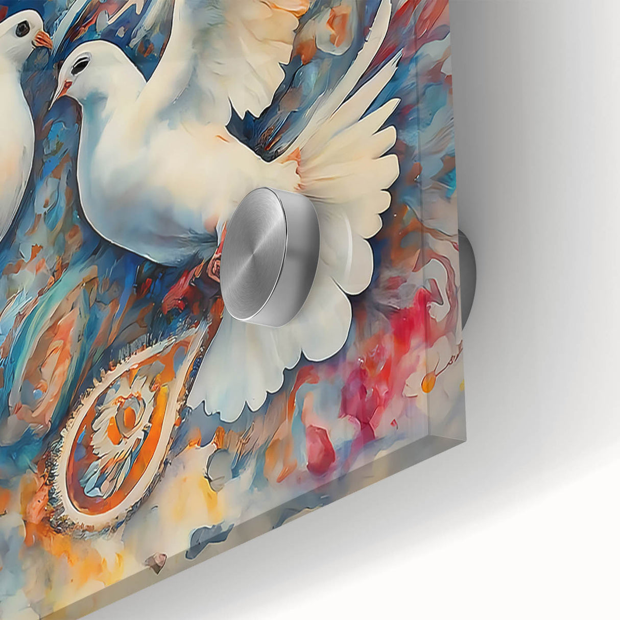 Close-up of a stunning acrylic glass wall art piece showcasing a delicate dove design, featuring vibrant colors and intricate details, perfect for home decor.