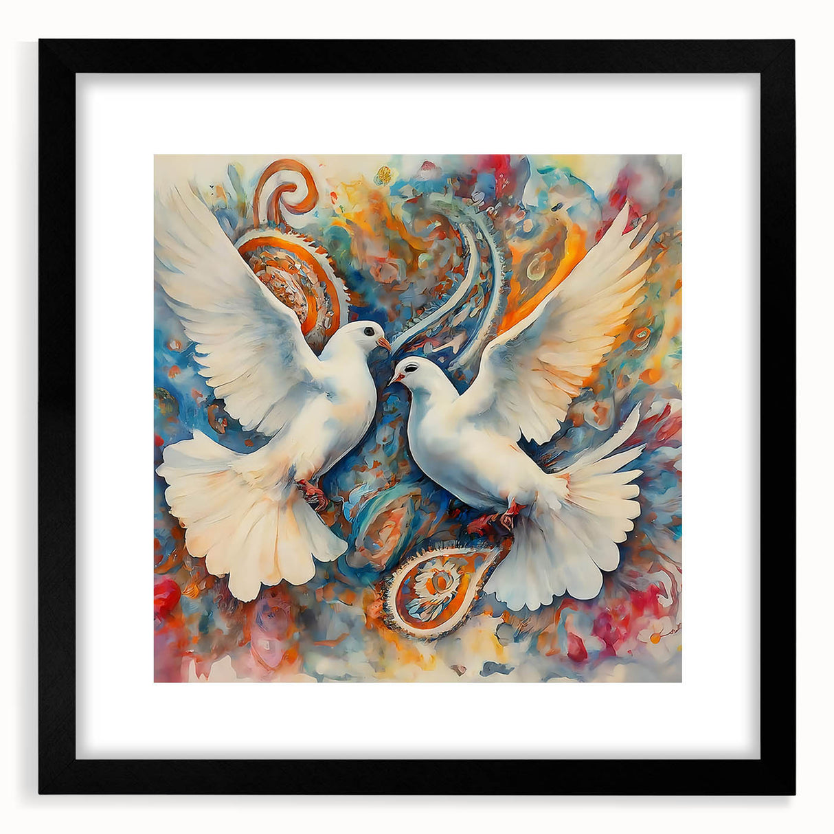 Framed wall art featuring a dove design with a black mat, showcasing a sleek modern aesthetic ideal for home decor, available in 12 designs for versatile styling.