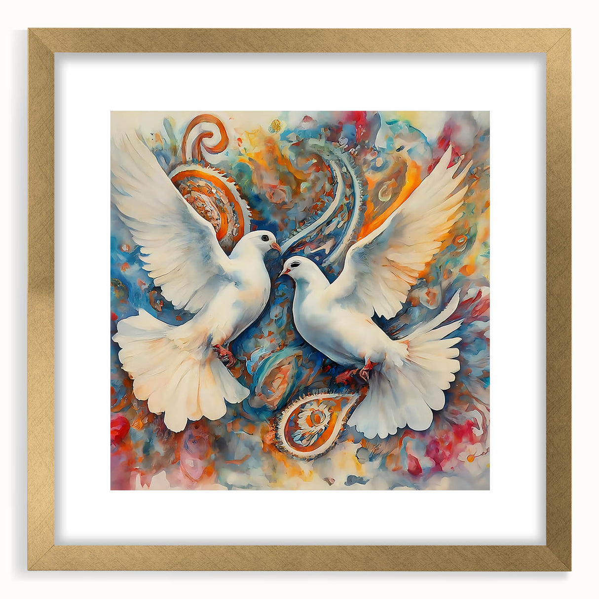 Elegant gold-framed wall art featuring a serene dove design, ideal for home decor, showcasing intricate details and a sophisticated mat. Perfect for enhancing interior spaces with a touch of tranquility.