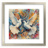 Framed wall art featuring a serene dove design in shades of white and gray, elegantly matted and set in a sleek silver frame, ideal for modern decor. Perfect for adding a touch of tranquility to any room.
