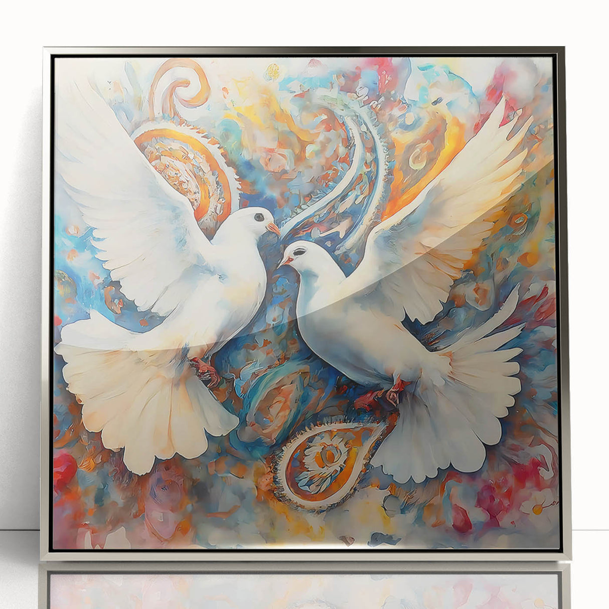 Framed wall art featuring a silver-accented dove design, showcasing intricate details and vibrant colors, perfect for enhancing modern home decor.