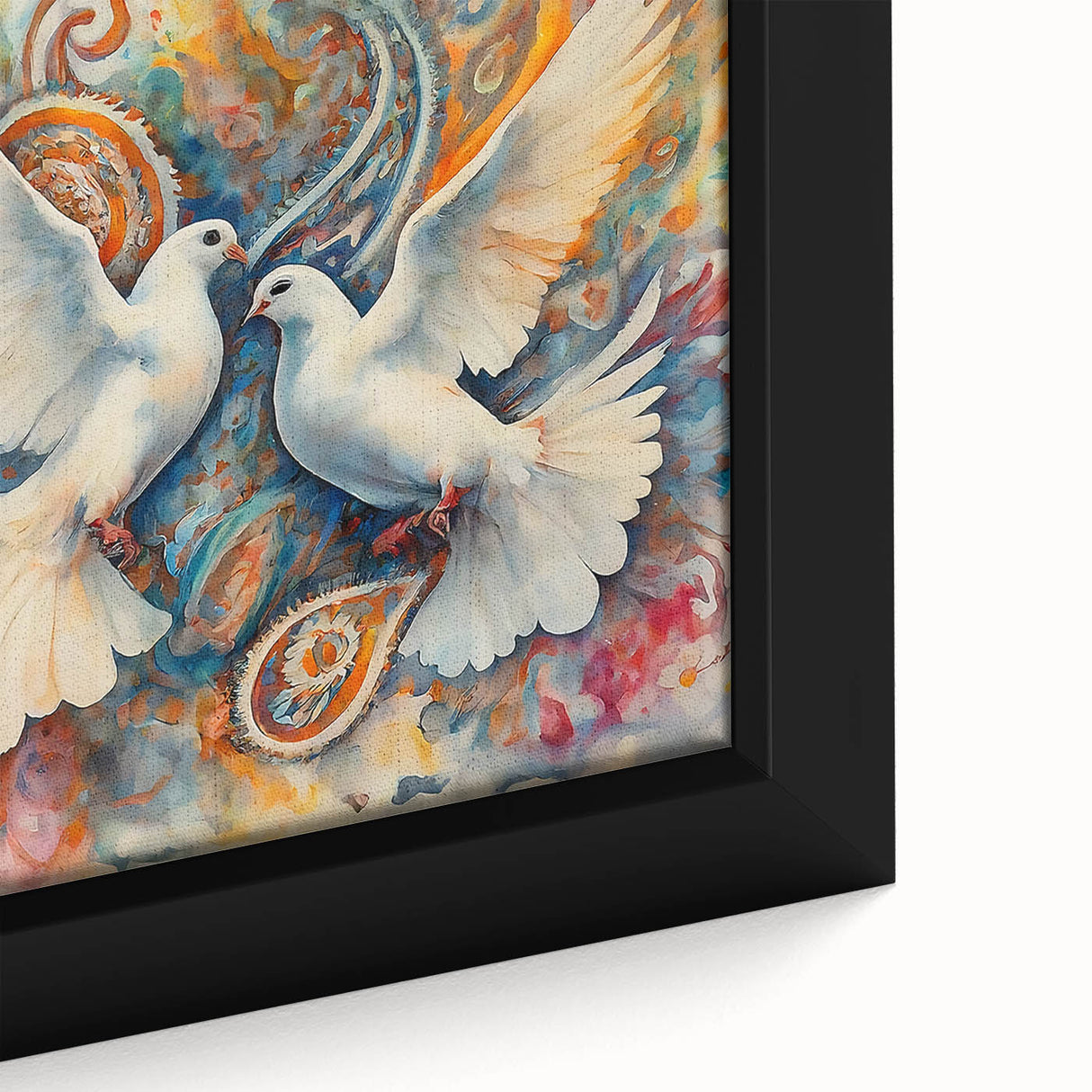 Framed wall art featuring a close-up of a serene dove design on canvas, showcasing soft pastel colors and intricate detailing, ideal for home decor and tranquility.