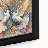 Framed wall art featuring a close-up of a serene dove design on canvas, showcasing soft pastel colors and intricate detailing, ideal for home decor and tranquility.