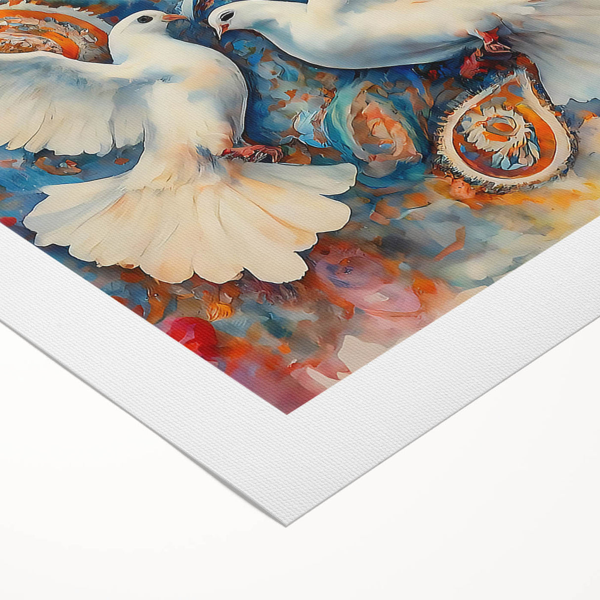 Rolled canvas showcasing a serene dove design in soft pastel colors, ideal for home decor, packaged securely in a protective cardboard tube for shipping.