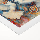 Rolled canvas showcasing a serene dove design in soft pastel colors, ideal for home decor, packaged securely in a protective cardboard tube for shipping.
