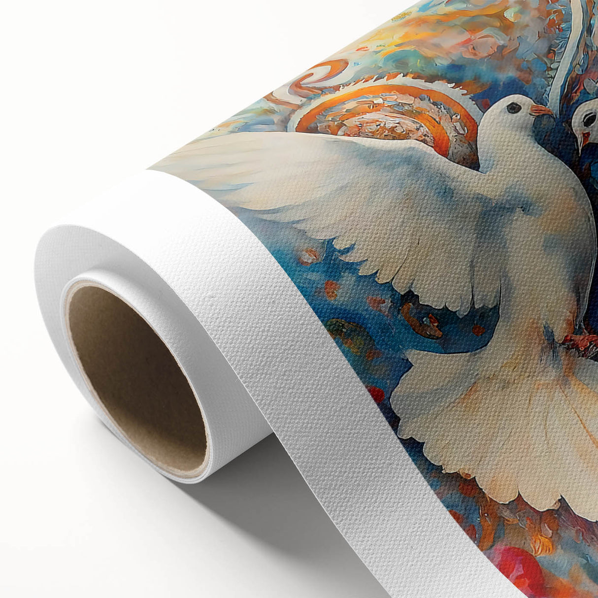 Rolled canvas showcasing a stunning dove design in a vibrant color palette, perfect for enhancing any wall decor. Ideal for nature lovers and art enthusiasts.