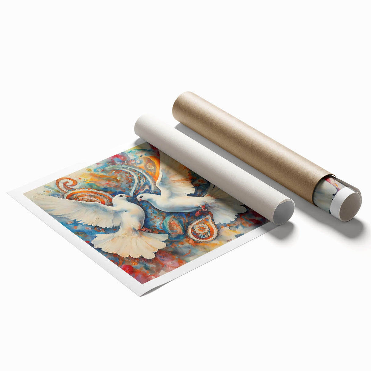 Artistic rolled print showcasing a serene dove design, perfect for wall decor. Features soft pastel colors and intricate details, ideal for nature-inspired spaces.