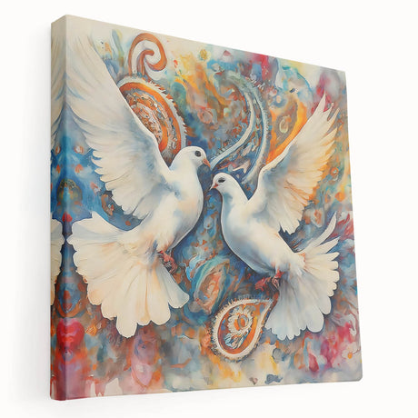 Stretched canvas wall art featuring a serene dove design in soft pastel colors, elegantly framed and perfect for home decor. Ideal for creating a tranquil ambiance.