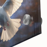 Close-up view of a wall art piece featuring two elegant doves in a minimalist design, printed on acrylic glass. The artwork showcases soft pastel colors, adding a serene touch to modern decor, ideal for bird lovers and art enthusiasts.
