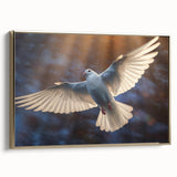 Framed wall art featuring a gold-accented dove design on canvas, showcasing intricate details and elegant colors, perfect for modern home decor.