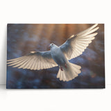Stretched canvas wall art featuring a serene dove design in soft pastel colors, elegantly leaning against a textured wall, perfect for modern home decor.