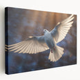 Stretched canvas wall art showcasing a serene dove design with soft pastel colors, framed elegantly for modern decor, perfect for tranquil home settings.