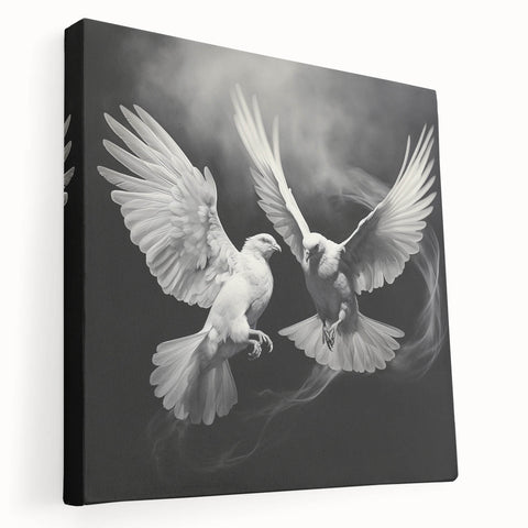 Stretched canvas wall art featuring a serene dove design in soft pastel colors, ideal for home decor, showcasing elegance and tranquility in a modern setting.