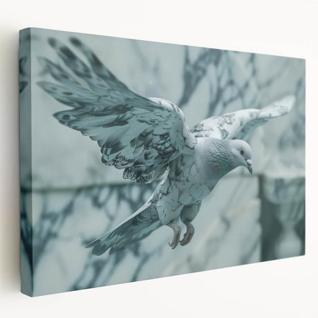 Stretched canvas wall art featuring a serene dove design in soft pastels, showcasing intricate details and an elegant side view, perfect for home decor.