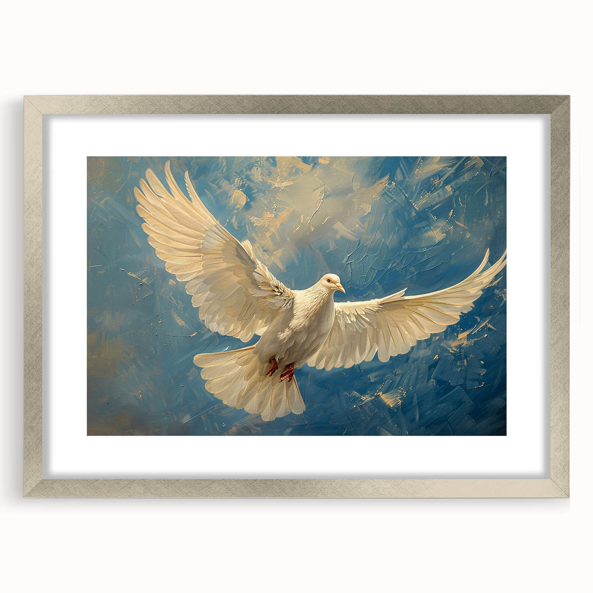 Framed wall art featuring a silver mat and a dove design, showcasing elegant bird motifs on a neutral background, perfect for modern decor.