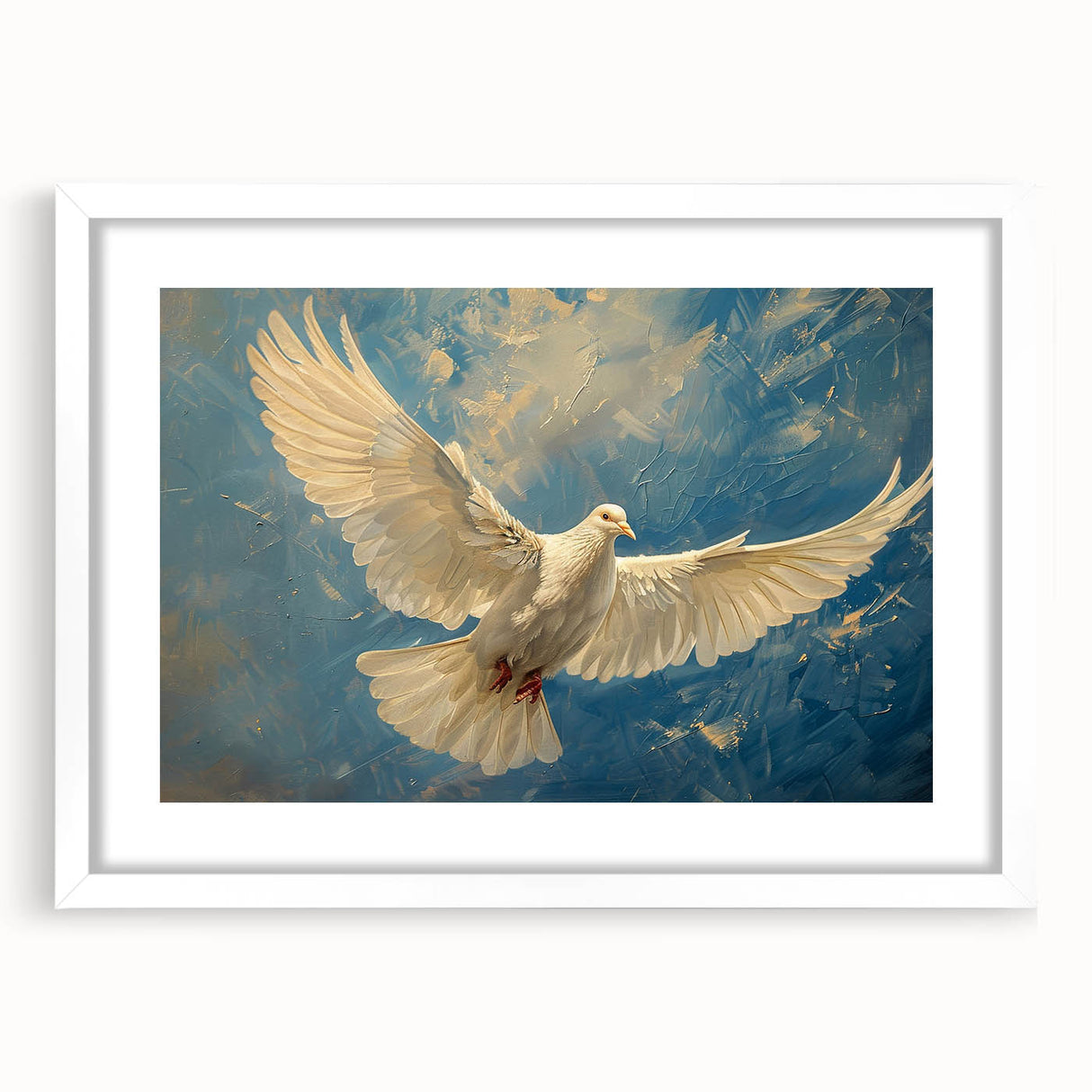 Framed wall art collection showcasing a serene dove design with a white mat, perfect for enhancing modern home decor in living rooms or offices.