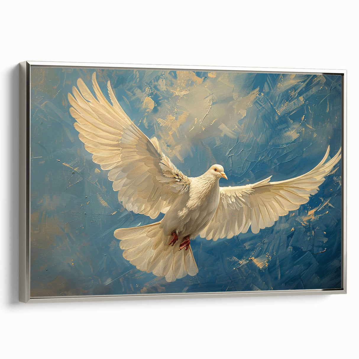 Framed wall art collection showcasing a silver dove design on a textured canvas, presented from a side view to highlight its elegant framing and intricate details. Ideal for enhancing modern home decor with a serene touch.