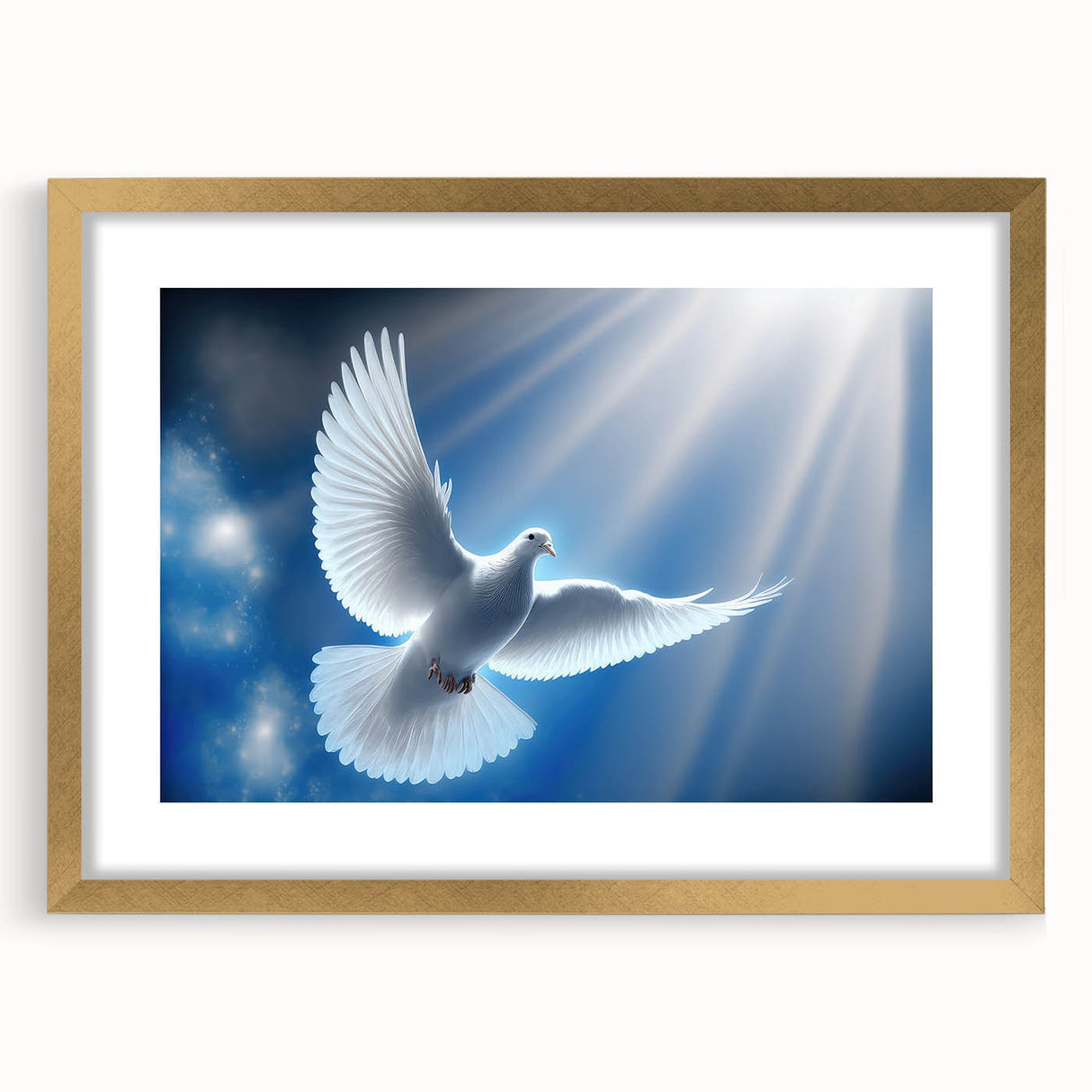 Elegant gold-framed wall art featuring a serene dove design, set against a soft white mat, perfect for adding a touch of sophistication to any space. Ideal for home decor enthusiasts seeking peaceful and uplifting artwork.