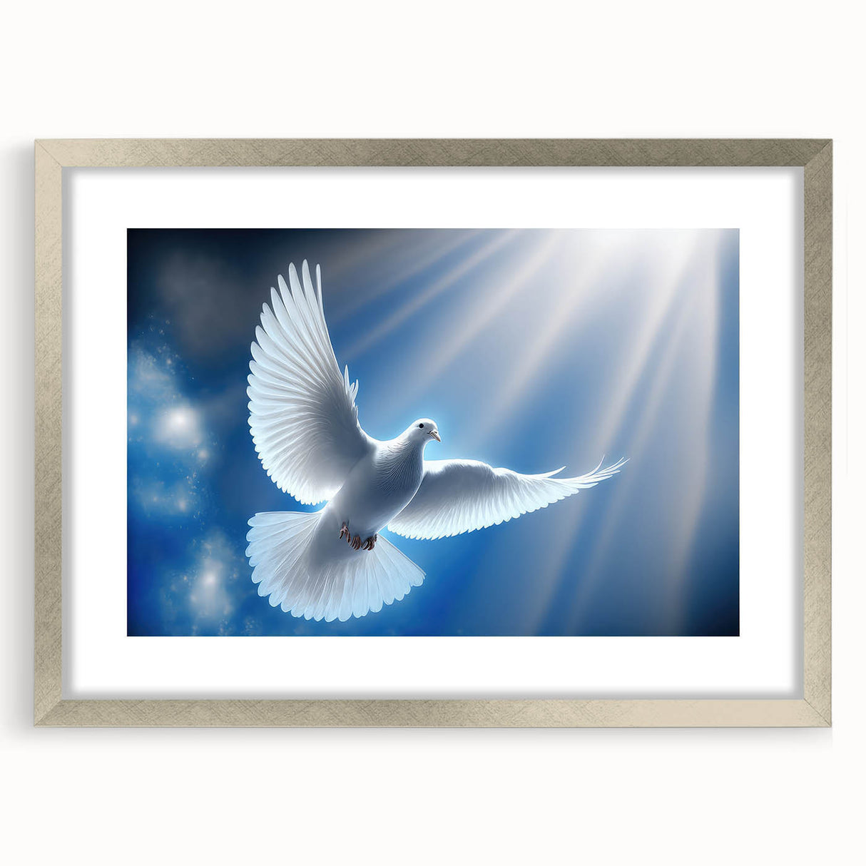 Framed wall art collection featuring an elegant dove design in silver, with a mat border, showcasing intricate details and a modern aesthetic for home decor.