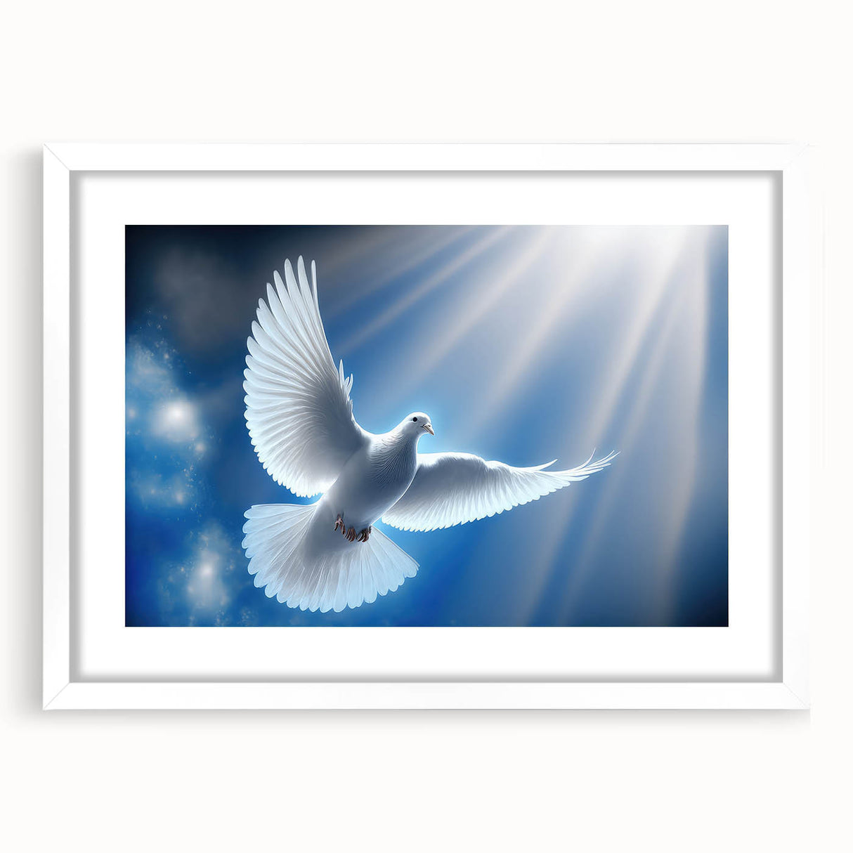 Framed wall art featuring a serene dove design in white and soft pastel colors, elegantly matted for a refined look. Ideal for enhancing living spaces or adding a touch of tranquility to home decor.