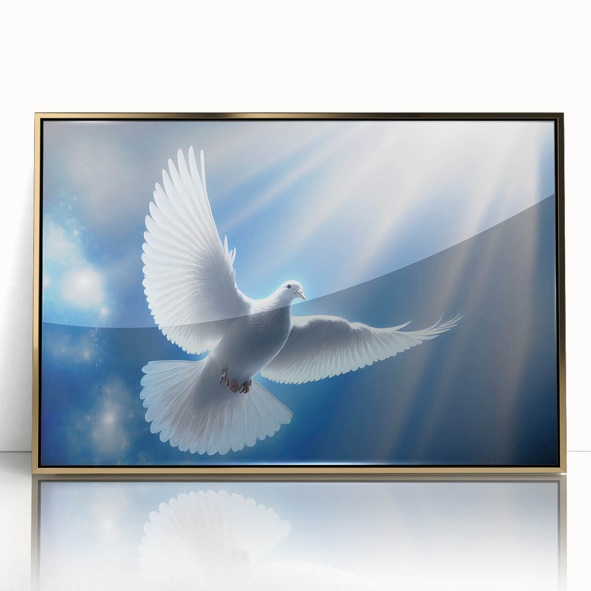 Framed acrylic wall art featuring a dove design in gold, showcasing intricate details and a modern aesthetic. Ideal for enhancing home decor with elegance.