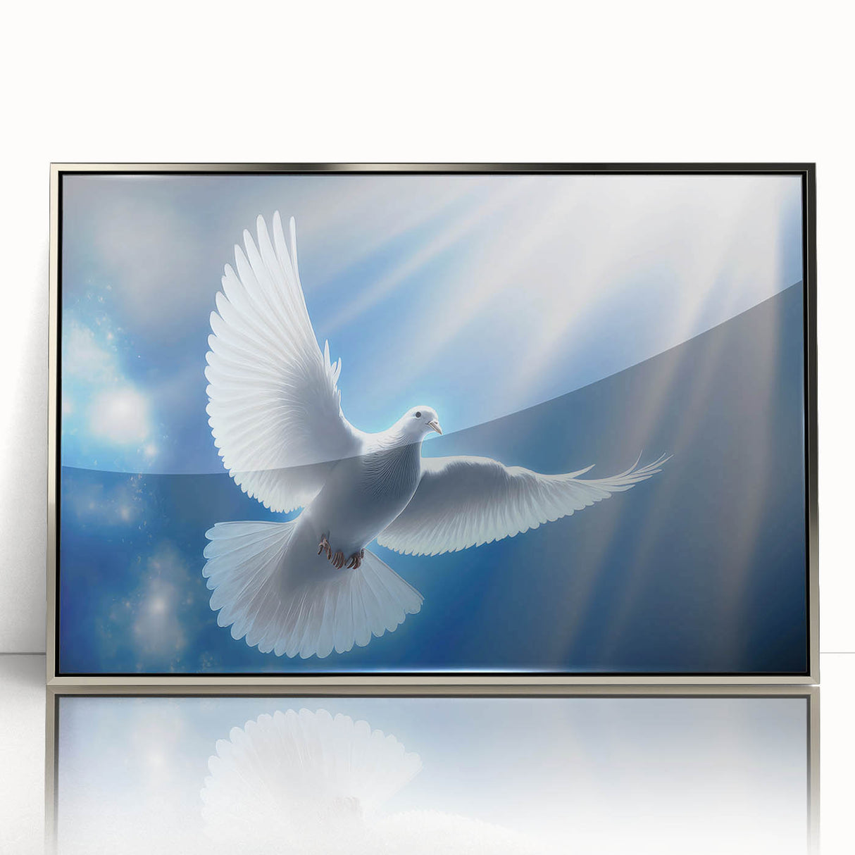 Framed wall art collection featuring a silver-accented dove design in acrylic, showcasing a modern aesthetic perfect for contemporary home decor.