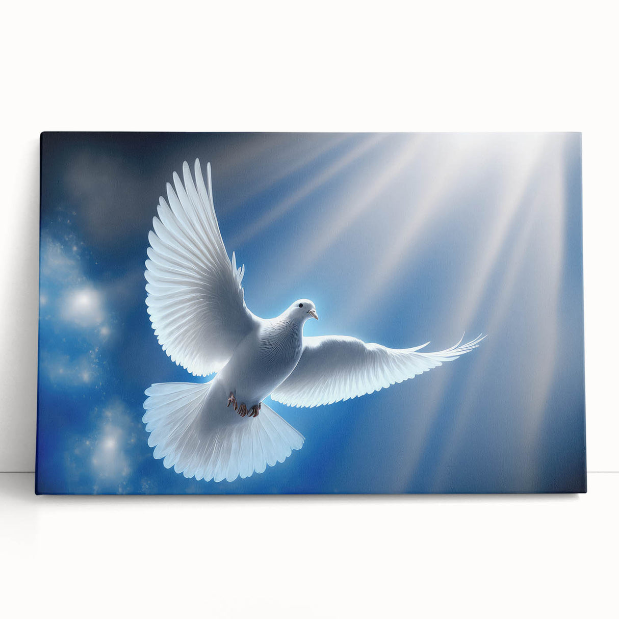 Stretched canvas wall art showcasing a serene dove design, featuring soft pastel colors and a modern aesthetic, ideal for enhancing home decor and creating a calming atmosphere.