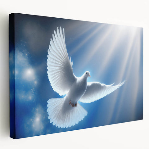 Stretched canvas wall art featuring a serene dove design in soft pastel colors, showcasing a peaceful scene ideal for home decor. Perfect for adding tranquility to living spaces.