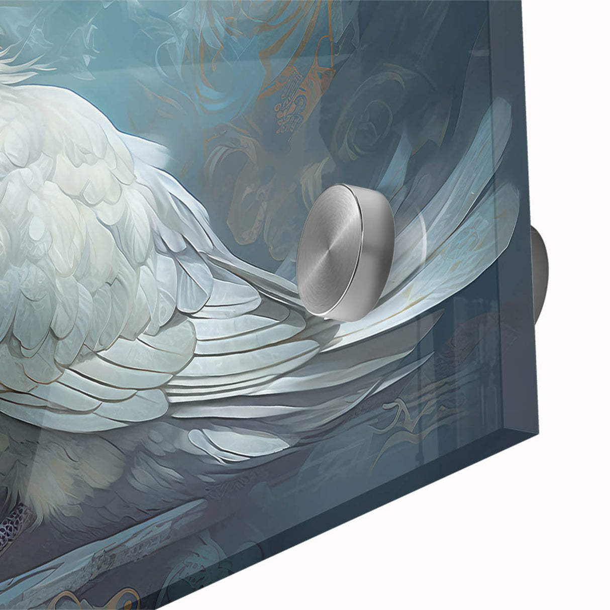 Close-up of a modern wall art piece showcasing a detailed acrylic glass design of doves, featuring vibrant colors and intricate patterns, perfect for home decor.