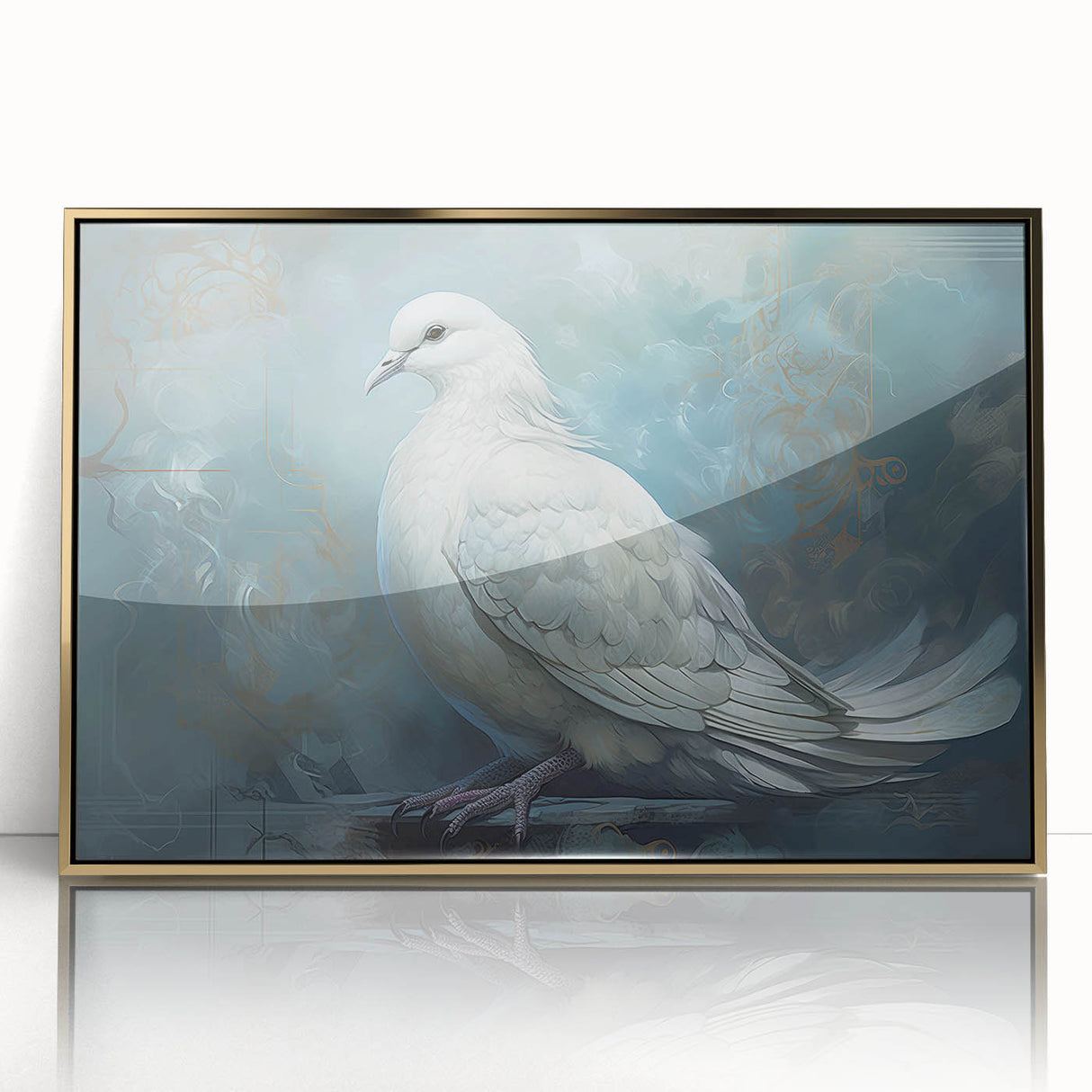 Framed wall art featuring a gold-accented dove design in an acrylic finish, showcasing a modern and elegant look perfect for contemporary home decor.