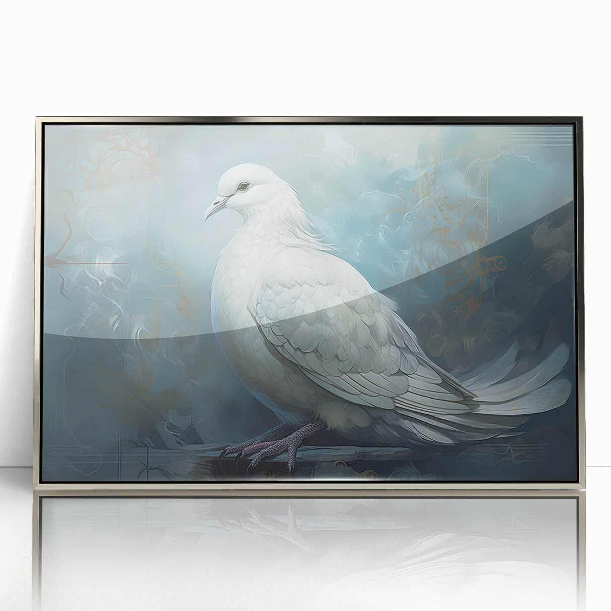 Framed wall art featuring a silver-accented dove design, showcasing intricate details against a sleek background, perfect for modern home decor.