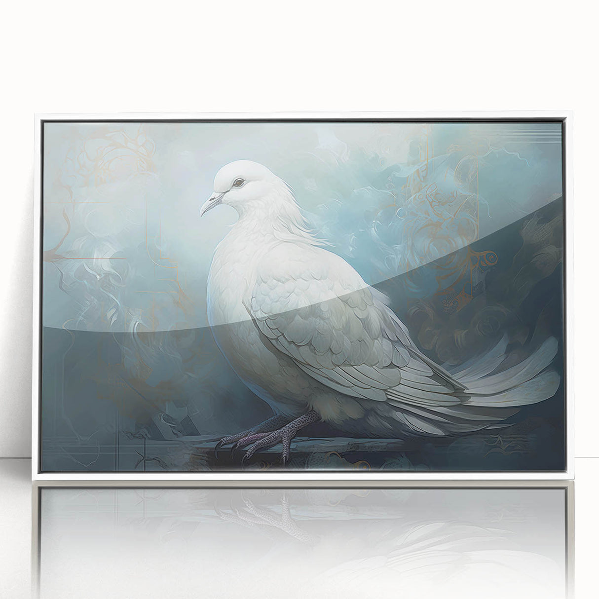 Framed wall art featuring a serene dove design in acrylic, set against a white background, showcasing elegant simplicity and modern decor style, perfect for home or office.