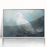 Framed wall art featuring a serene dove design in acrylic, set against a white background, showcasing elegant simplicity and modern decor style, perfect for home or office.