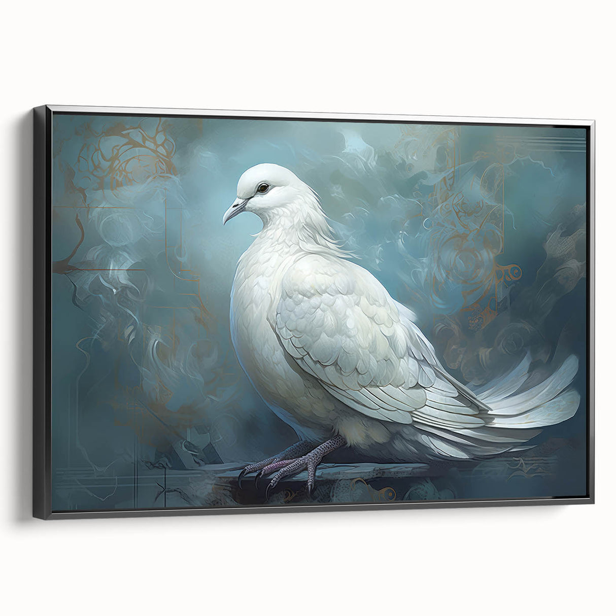 Framed canvas wall art featuring a serene dove design in a modern black frame, showcasing intricate details and elegant colors, perfect for home decor.
