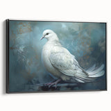 Framed canvas wall art featuring a serene dove design in a modern black frame, showcasing intricate details and elegant colors, perfect for home decor.