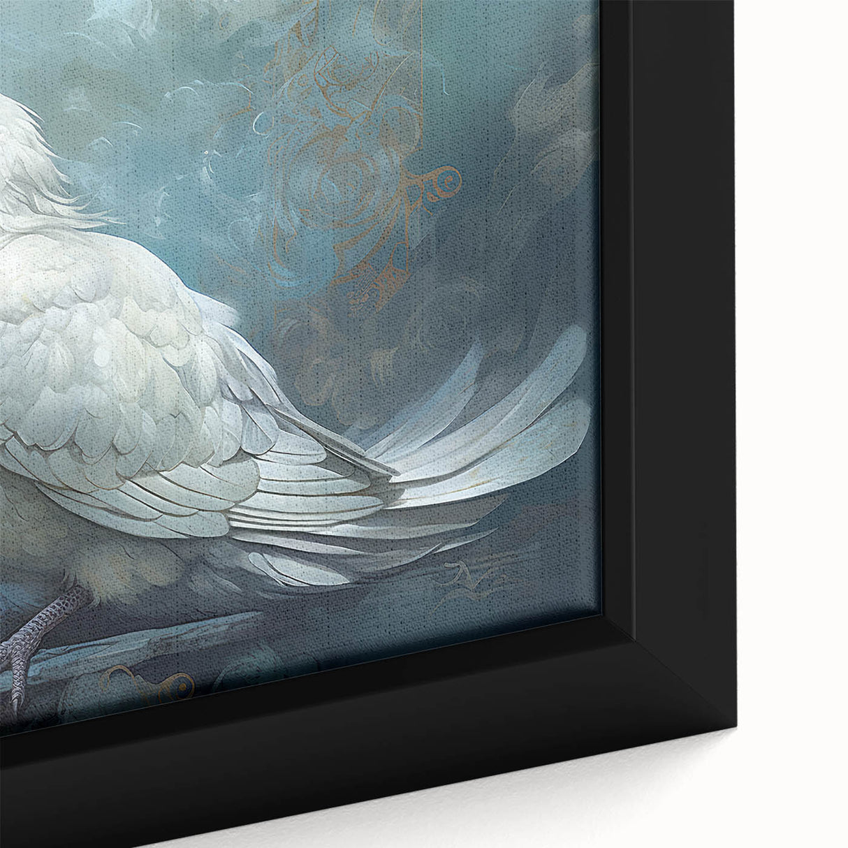 Close-up of a framed canvas wall art featuring an intricate dove design, showcasing soft pastel colors and detailed textures, perfect for home decor.